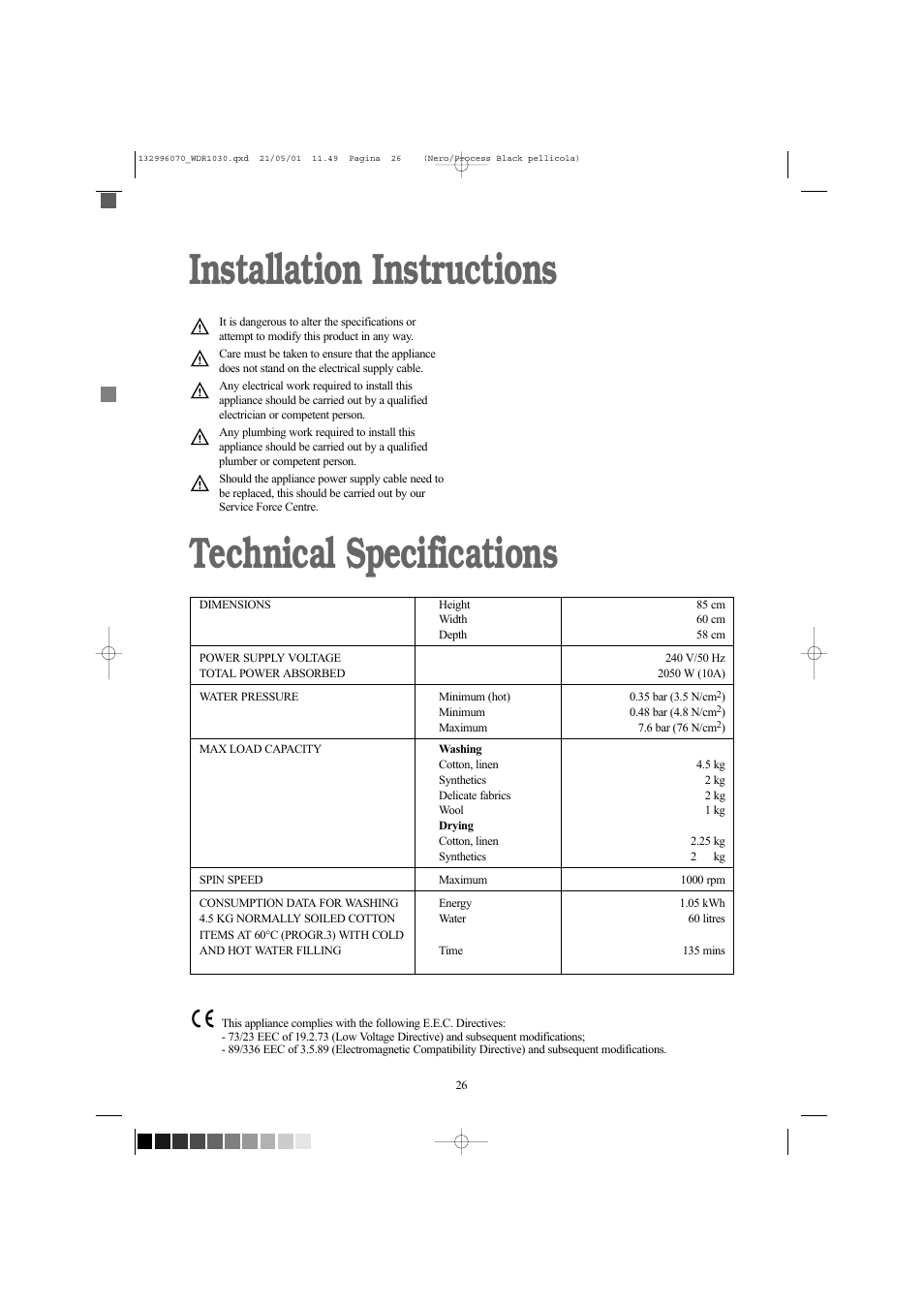 Installation instructions technical specifications | Tricity Bendix WDR 1030 User Manual | Page 26 / 32
