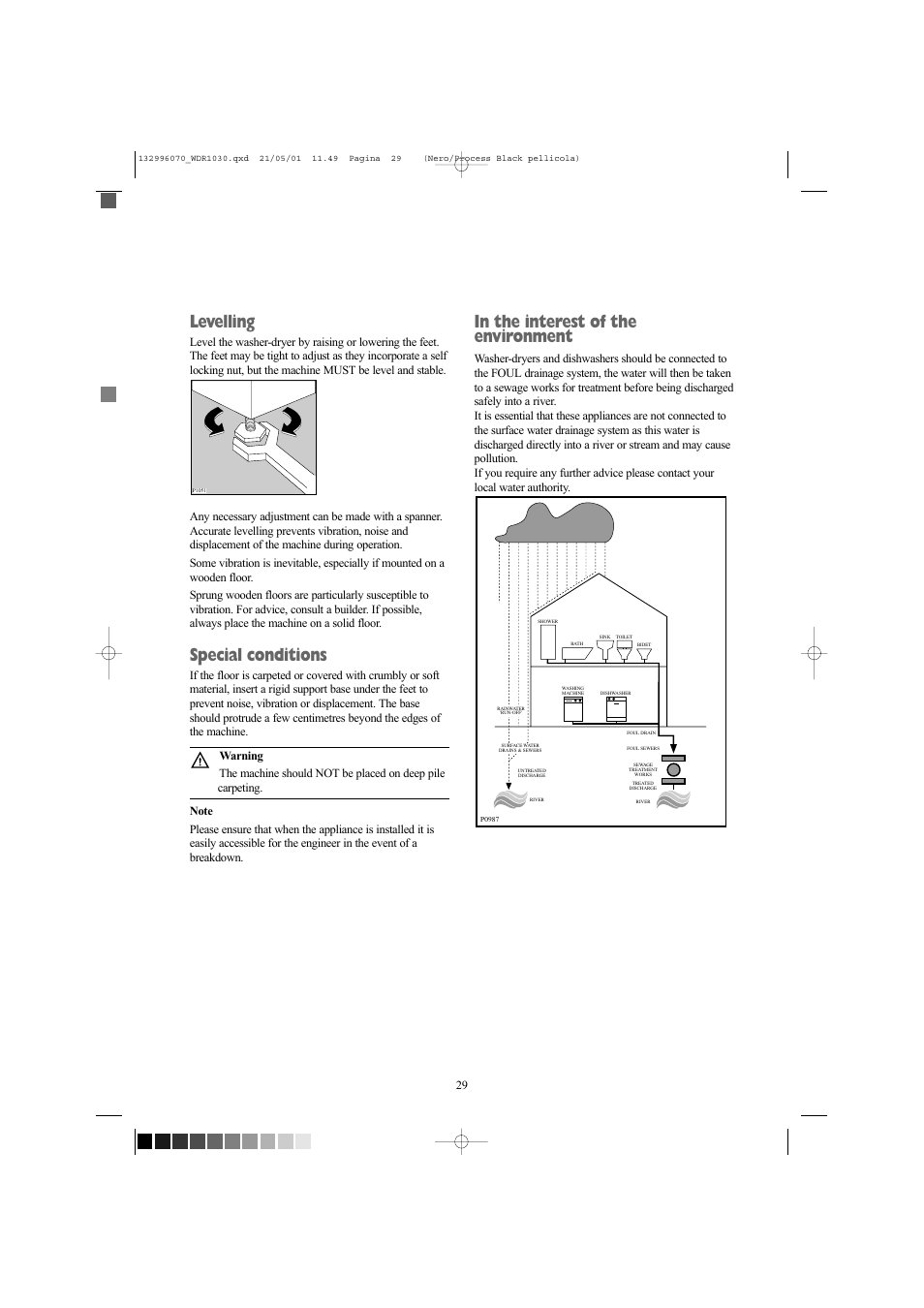 Levelling, Special conditions | Tricity Bendix WDR 1030 User Manual | Page 29 / 32