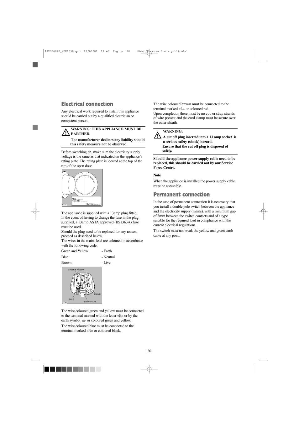 Electrical connection, Permanent connection, Mod. .......... prod. no. ........... ser. no | Tricity Bendix WDR 1030 User Manual | Page 30 / 32