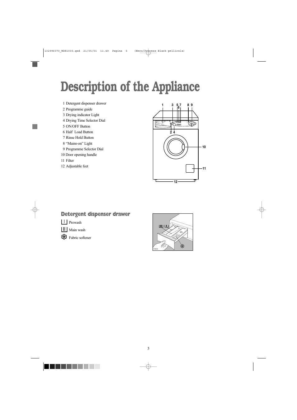 Description of the appliance, Detergent dispenser drawer | Tricity Bendix WDR 1030 User Manual | Page 5 / 32