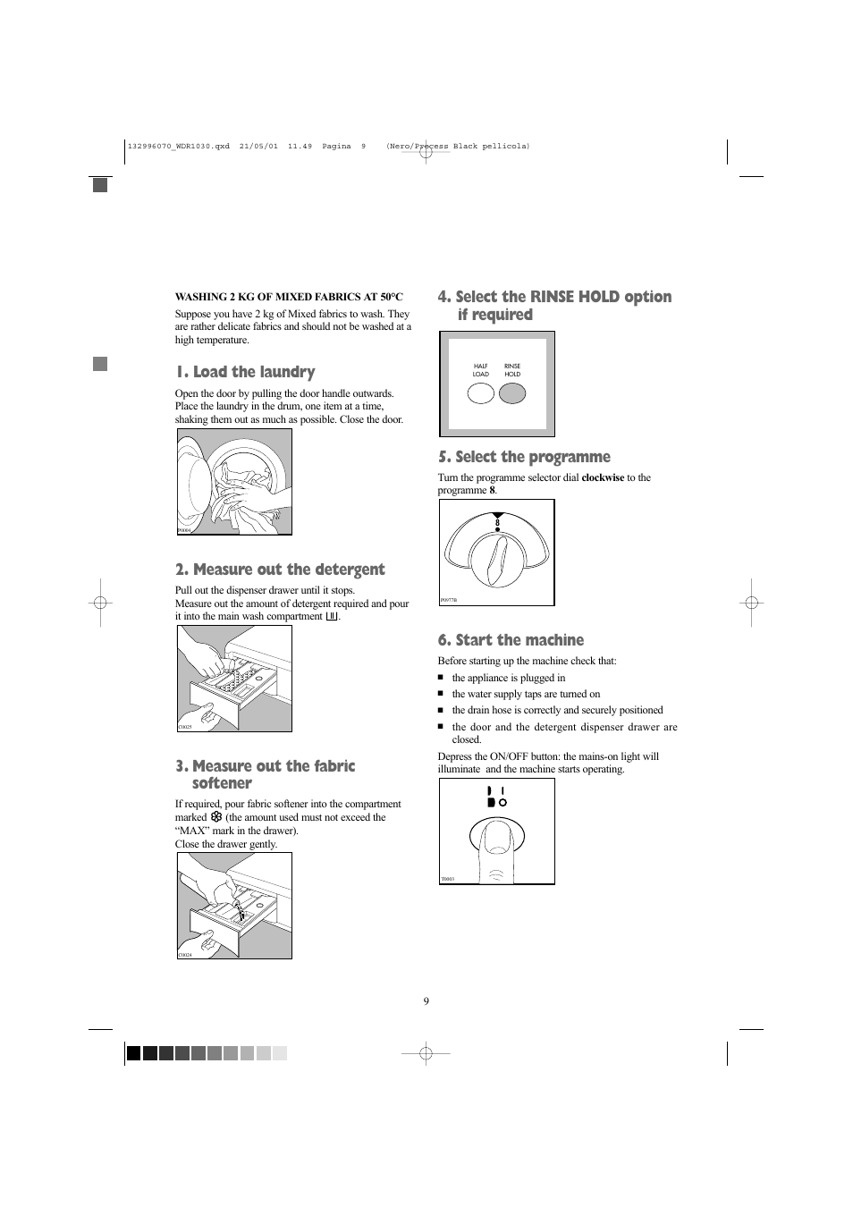 Load the laundry, Measure out the detergent, Measure out the fabric softener | Start the machine | Tricity Bendix WDR 1030 User Manual | Page 9 / 32