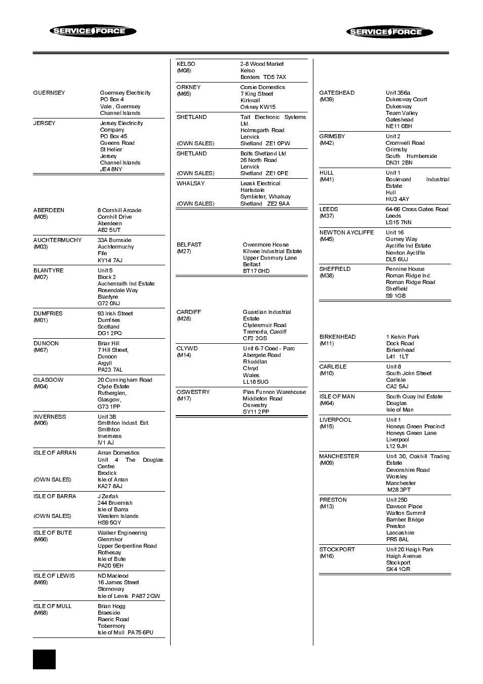 Tricity bendix service force, Channel islands, Scotland | Northern ireland, Wales, North east, North west | Tricity Bendix SI 535 User Manual | Page 34 / 40