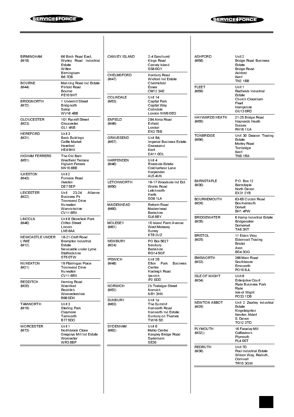 Tricity bendix service force, Midlands, London & east anglia | South east, South west | Tricity Bendix SI 535 User Manual | Page 35 / 40