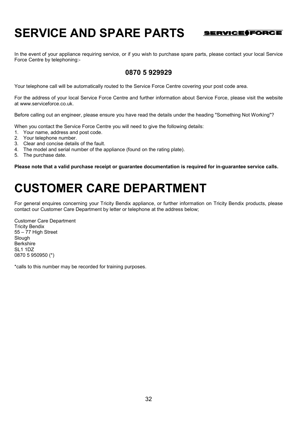 Service and spare parts, Customer care department | Tricity Bendix SIE556 User Manual | Page 32 / 36
