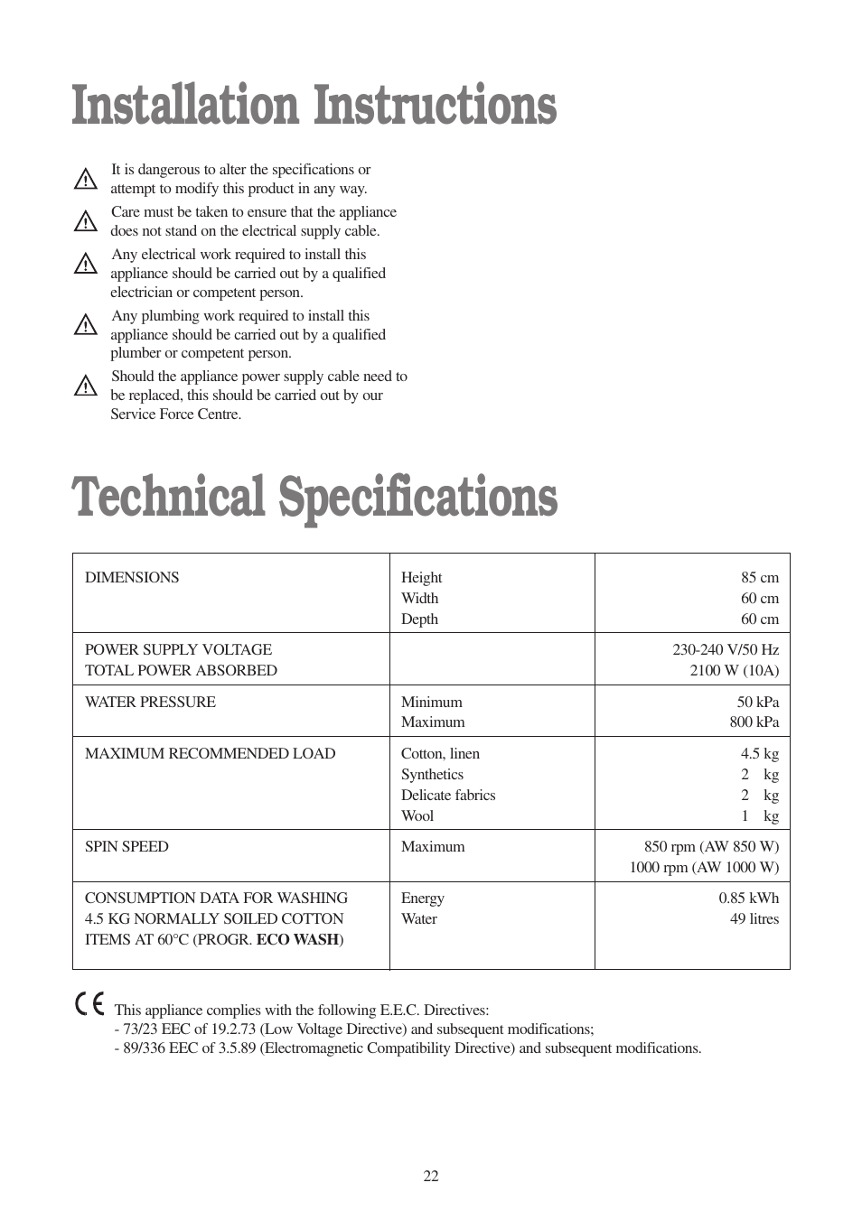 Installation instructions technical specifications | Tricity Bendix AW 850 W User Manual | Page 22 / 28