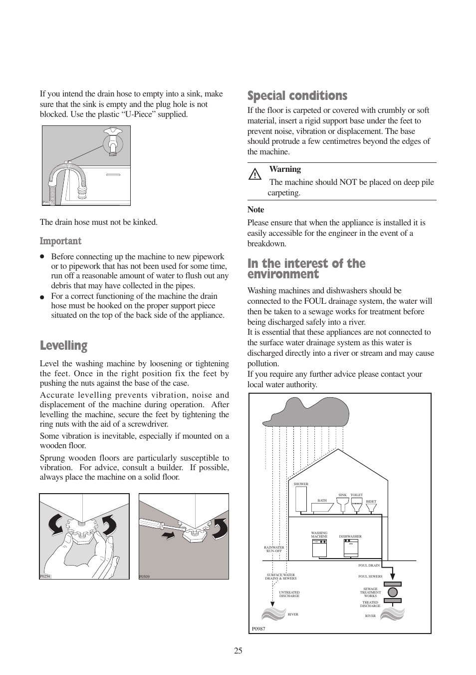 Levelling, Special conditions, Important | Tricity Bendix AW 850 W User Manual | Page 25 / 28