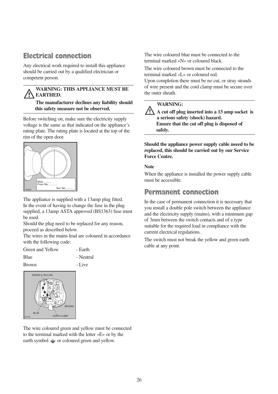 Electrical connection, Permanent connection | Tricity Bendix AW 850 W User Manual | Page 26 / 28