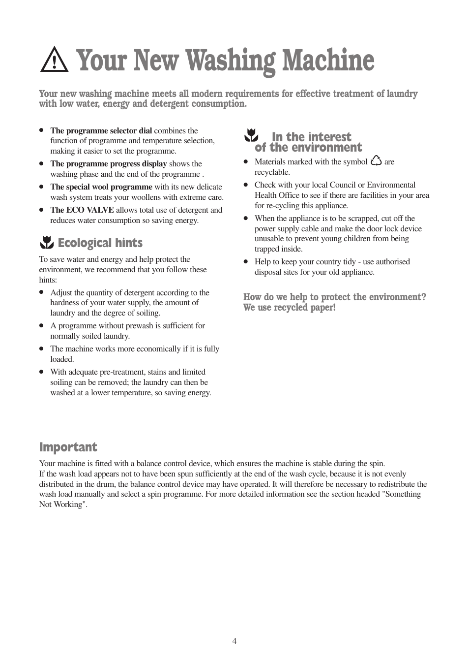 Your new washing machine, Ecological hints, Important | Tricity Bendix AW 850 W User Manual | Page 4 / 28