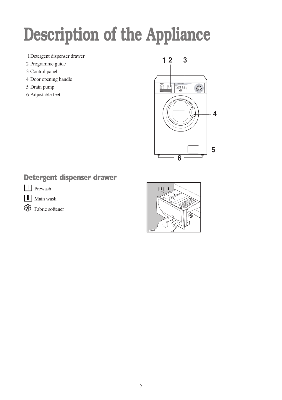 Description of the appliance, Detergent dispenser drawer | Tricity Bendix AW 850 W User Manual | Page 5 / 28
