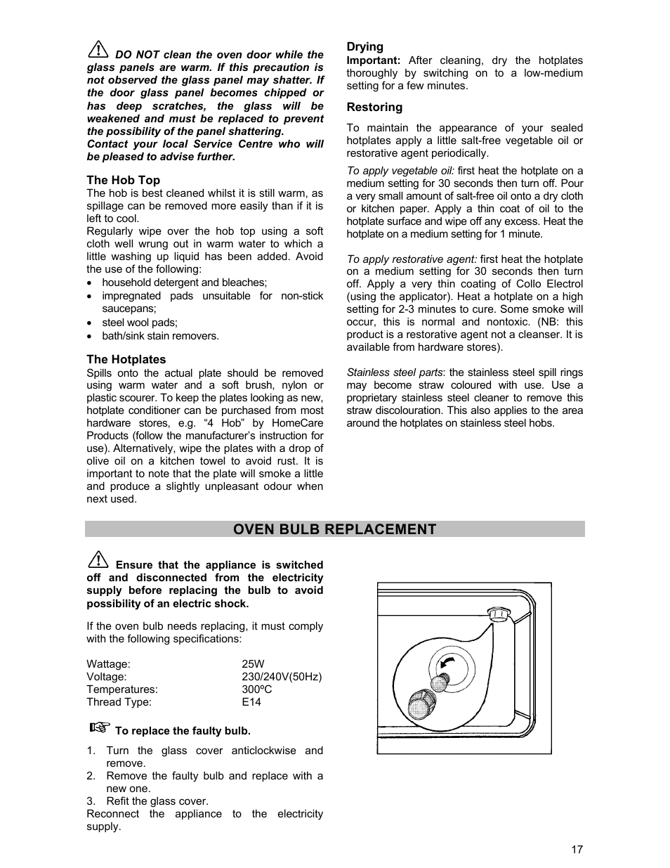 Oven bulb replacement | Tricity Bendix SIE 233 User Manual | Page 17 / 23