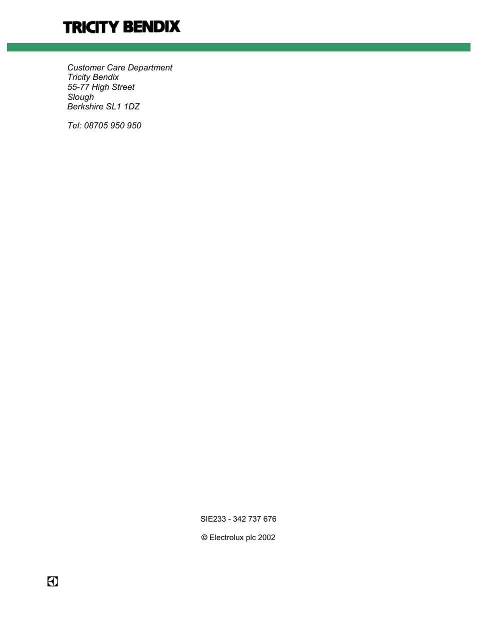 Tricity Bendix SIE 233 User Manual | Page 23 / 23