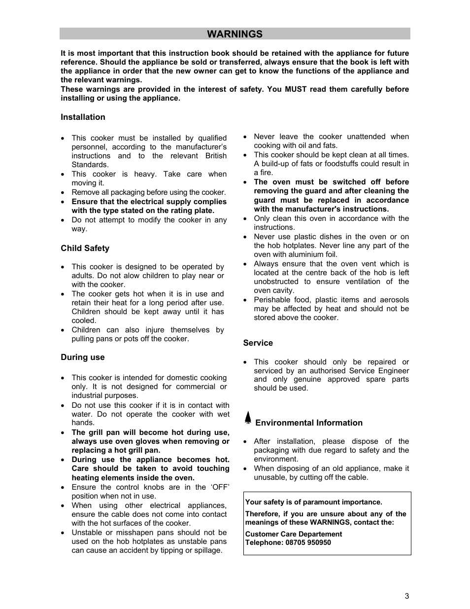 Warnings | Tricity Bendix SIE 233 User Manual | Page 3 / 23