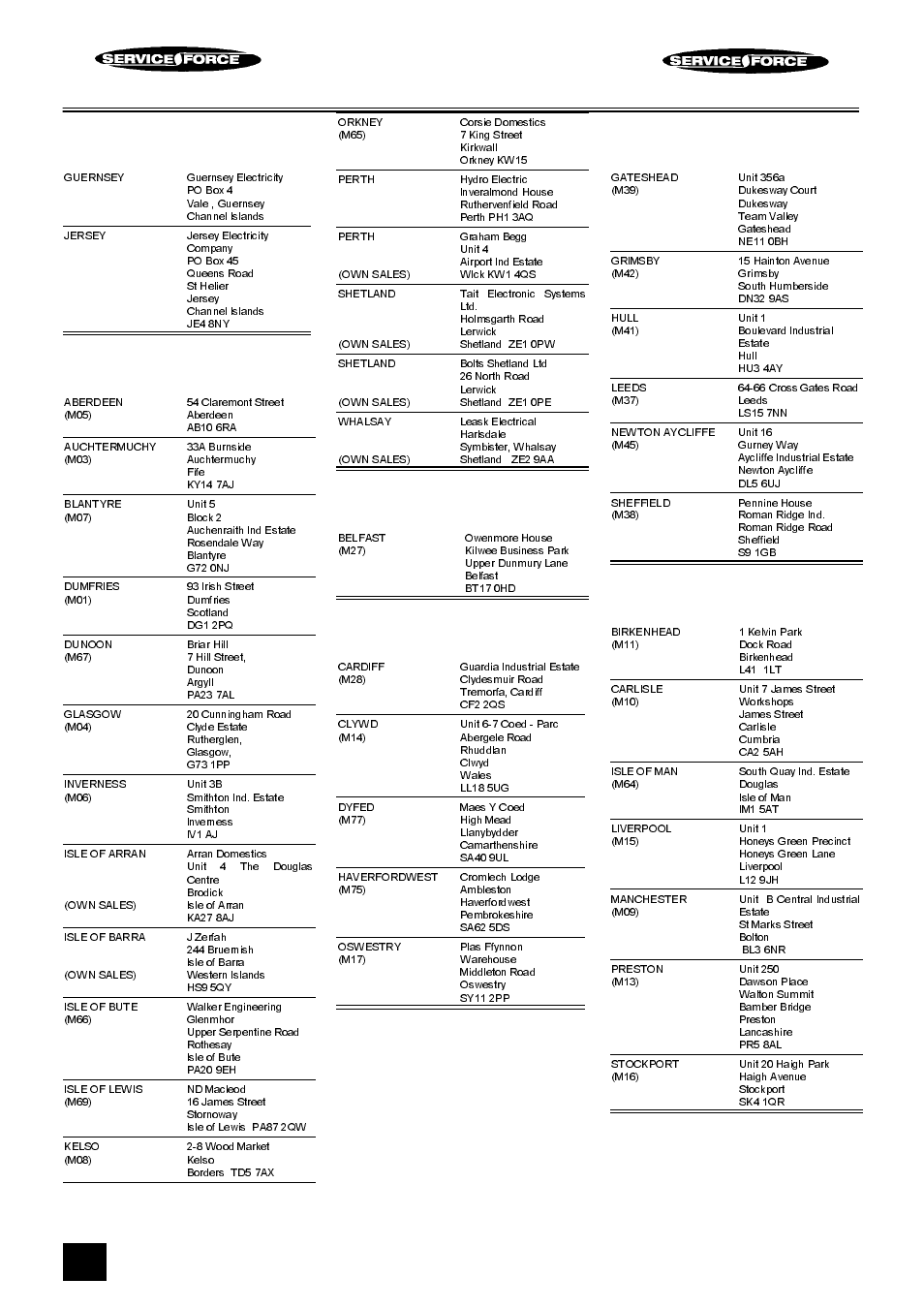 Tricity bendix service force, Channel islands, Scotland | Northern ireland, Wales, North east, North west | Tricity Bendix RE50M User Manual | Page 24 / 28