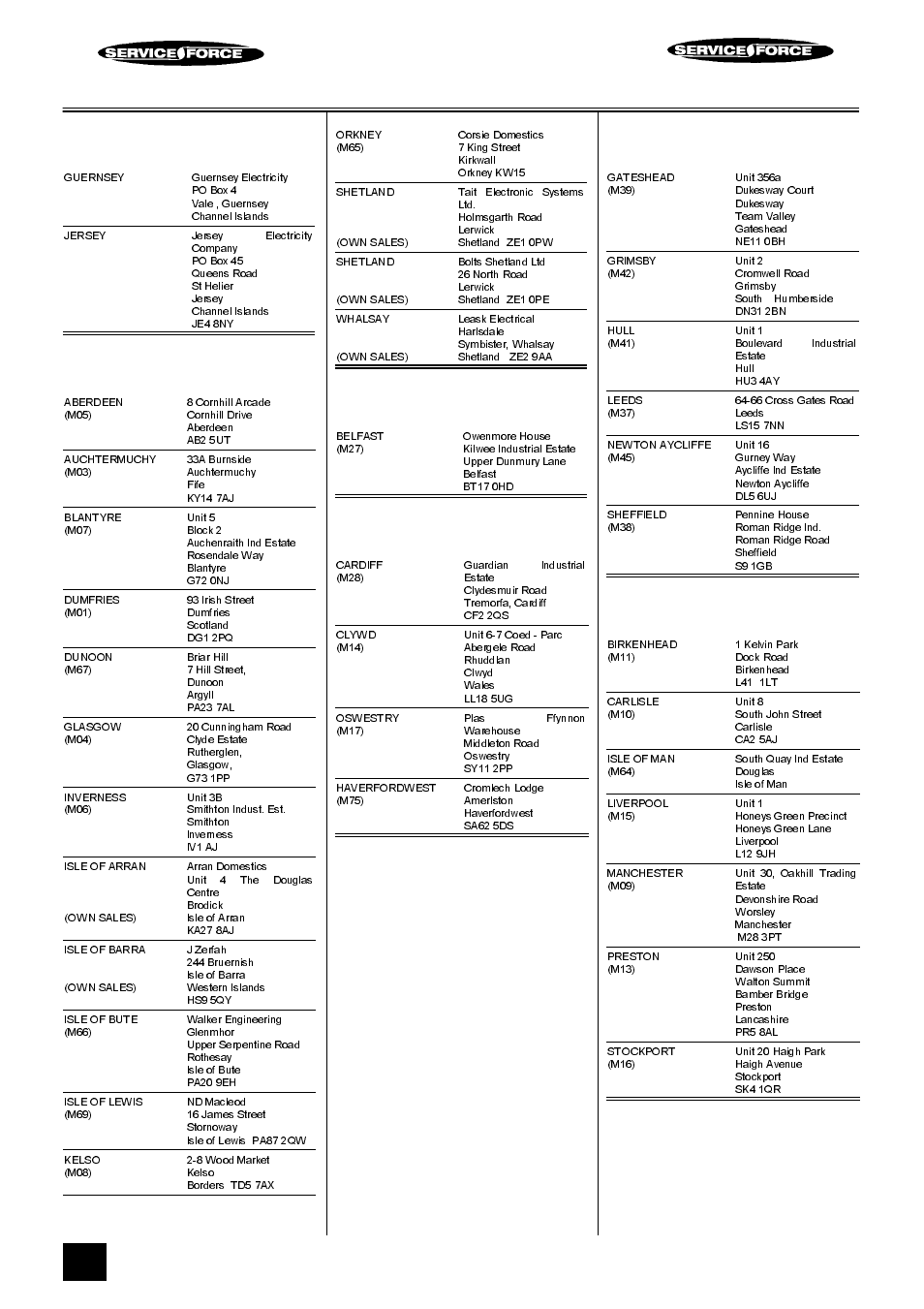 Tricity bendix service force, Channel islands, Scotland | Northern ireland, Wales, North east, North west | Tricity Bendix SB 461 User Manual | Page 32 / 36