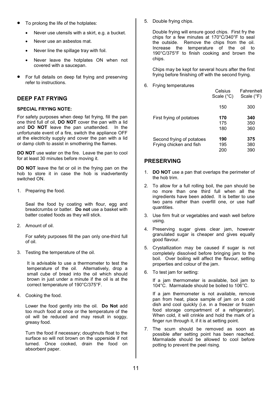 Deep fat frying, Preserving | Tricity Bendix SB200/3 User Manual | Page 11 / 24