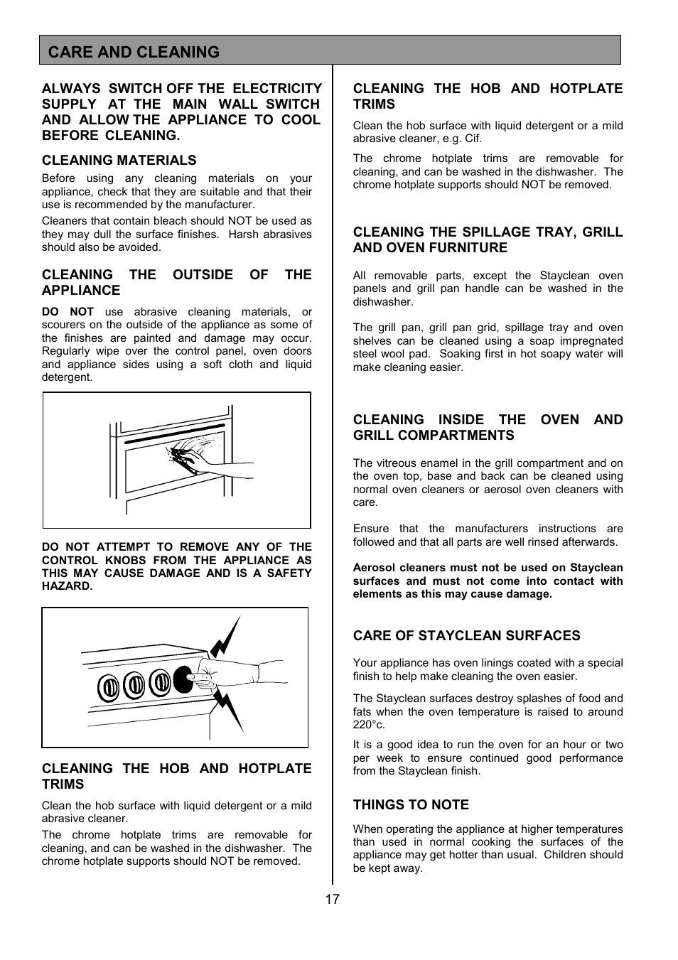 Care and cleaning | Tricity Bendix SB200/3 User Manual | Page 17 / 24