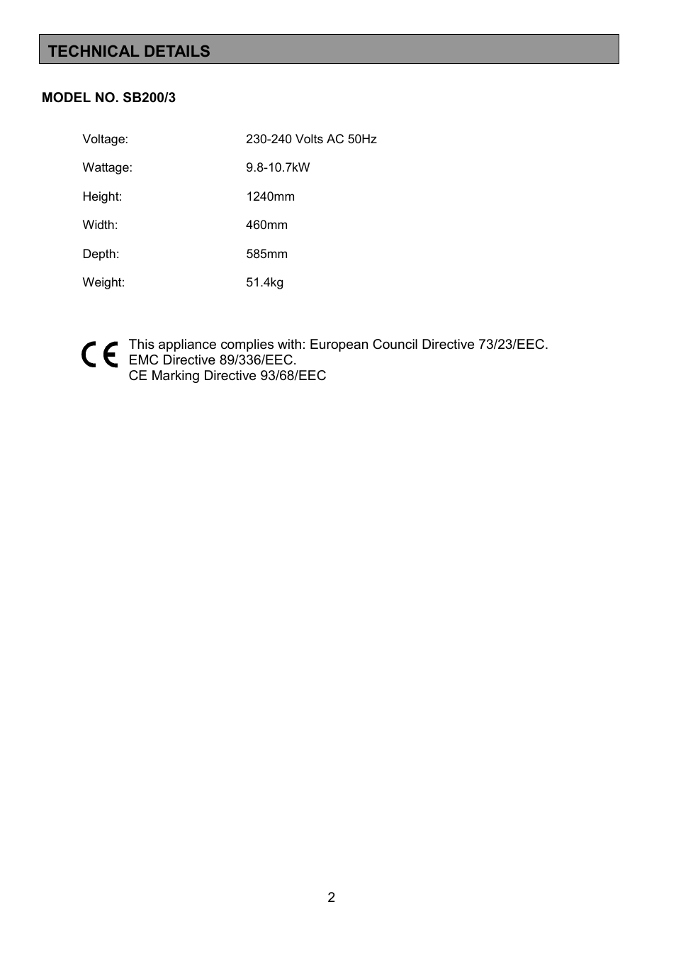 Technical details | Tricity Bendix SB200/3 User Manual | Page 2 / 24