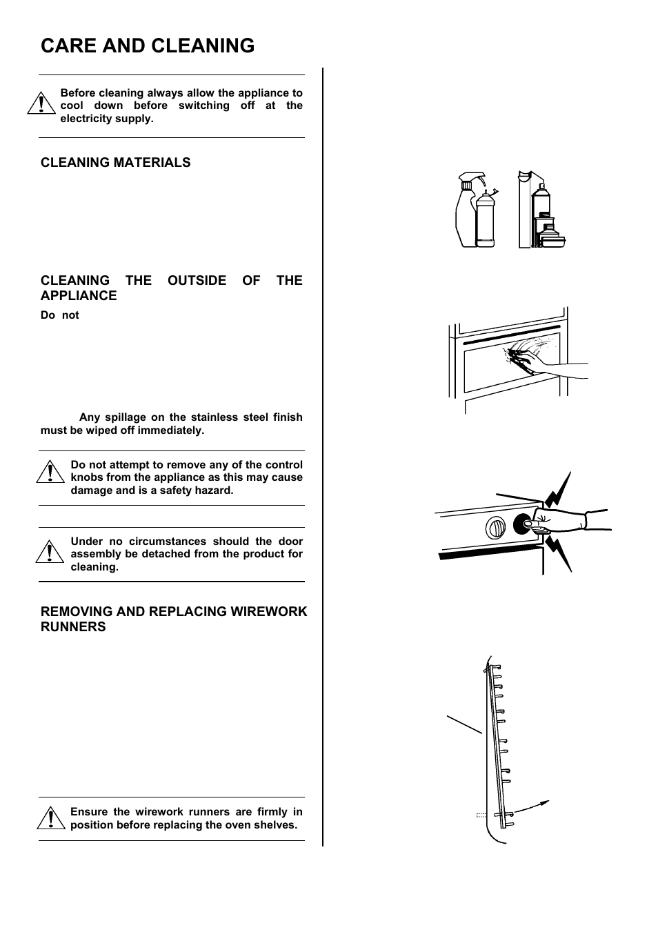 Care and cleaning, Cleaning materials, Cleaning the outside of the appliance | Removing and replacing wirework runners, Cavity centre side panel | Tricity Bendix TBD950 User Manual | Page 19 / 36