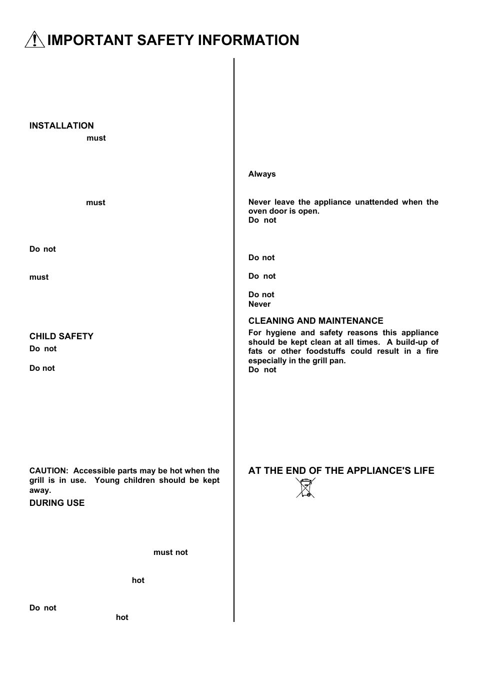 Important safety information | Tricity Bendix TBD950 User Manual | Page 2 / 36