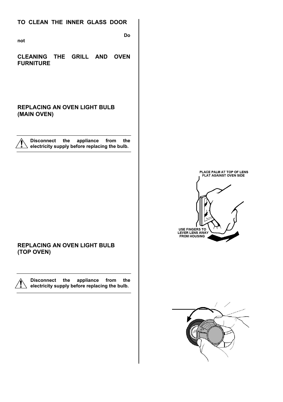 22 to clean the inner glass door, Cleaning the grill and oven furniture, Replacing an oven light bulb (main oven) | Replacing an oven light bulb (top oven) | Tricity Bendix TBD950 User Manual | Page 22 / 36