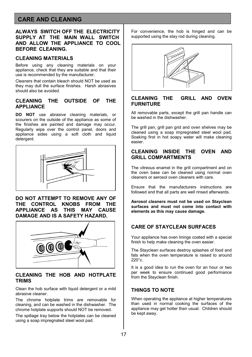 Care and cleaning | Tricity Bendix SB412 User Manual | Page 17 / 24