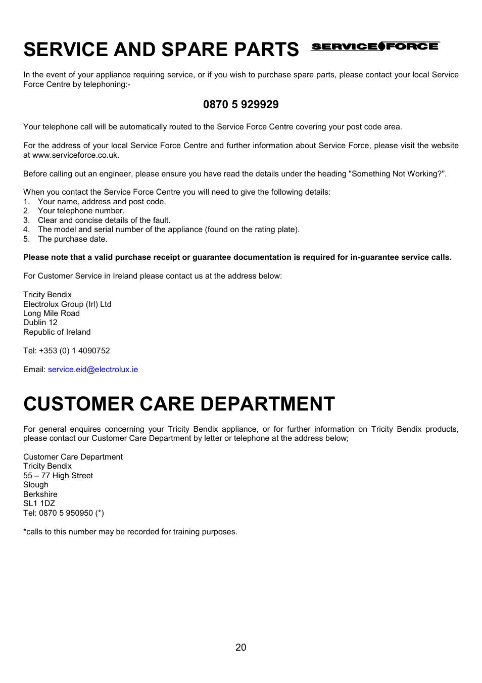 Service and spare parts, Customer care department | Tricity Bendix SB412 User Manual | Page 20 / 24