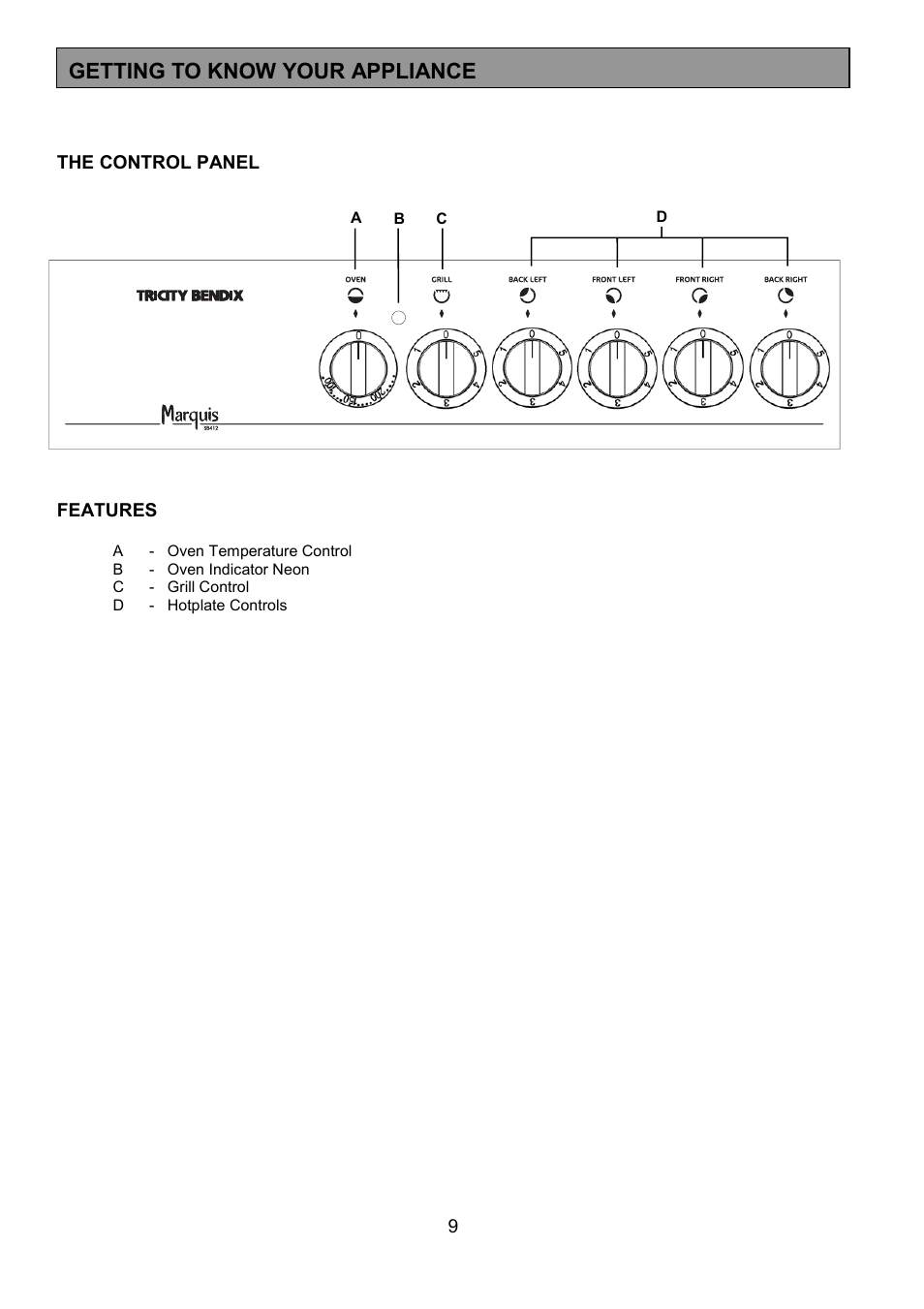 Getting to know your appliance | Tricity Bendix SB412 User Manual | Page 9 / 24