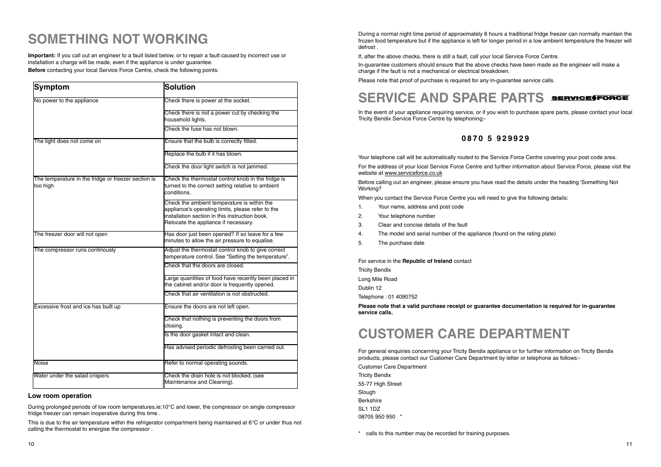 Something not working, Customer care department, Service and spare parts | Tricity Bendix FD 855 W User Manual | Page 11 / 20