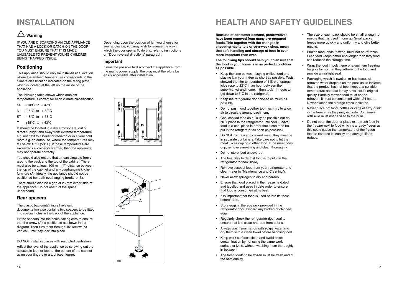Health and safety guidelines, Installation | Tricity Bendix FD 855 W User Manual | Page 14 / 20