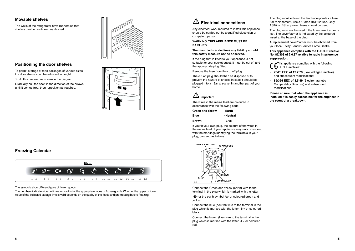 Movable shelves, Positioning the door shelves, Freezing calendar | Electrical connections | Tricity Bendix FD 855 W User Manual | Page 7 / 20