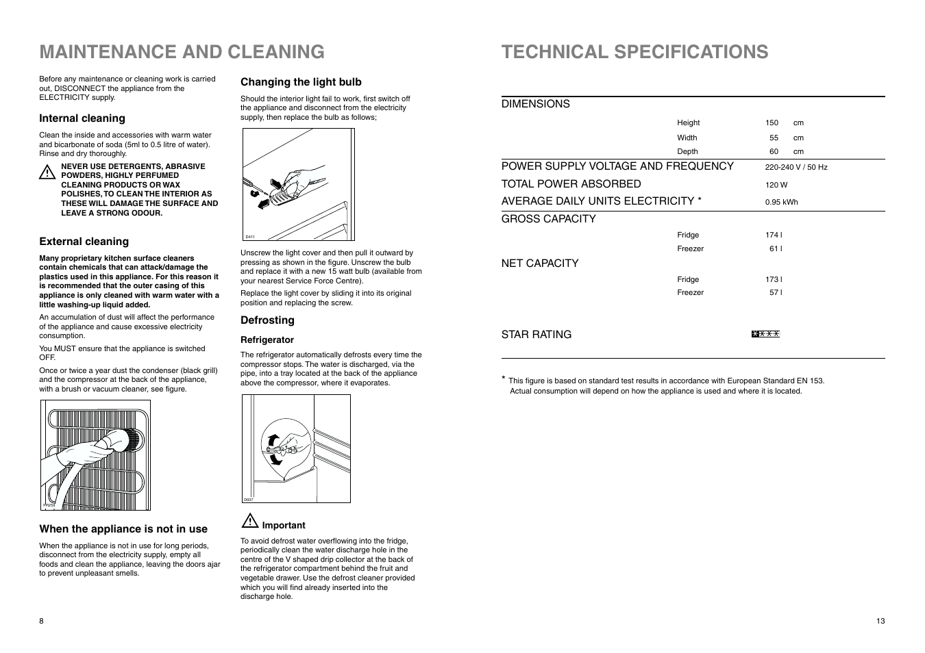 Maintenance and cleaning, Technical specifications | Tricity Bendix FD 855 W User Manual | Page 9 / 20