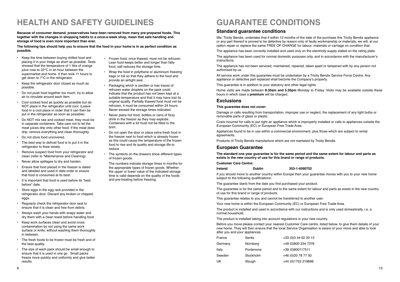 Health and safety guidelines, Guarantee conditions | Tricity Bendix TB 114 FF User Manual | Page 13 / 20