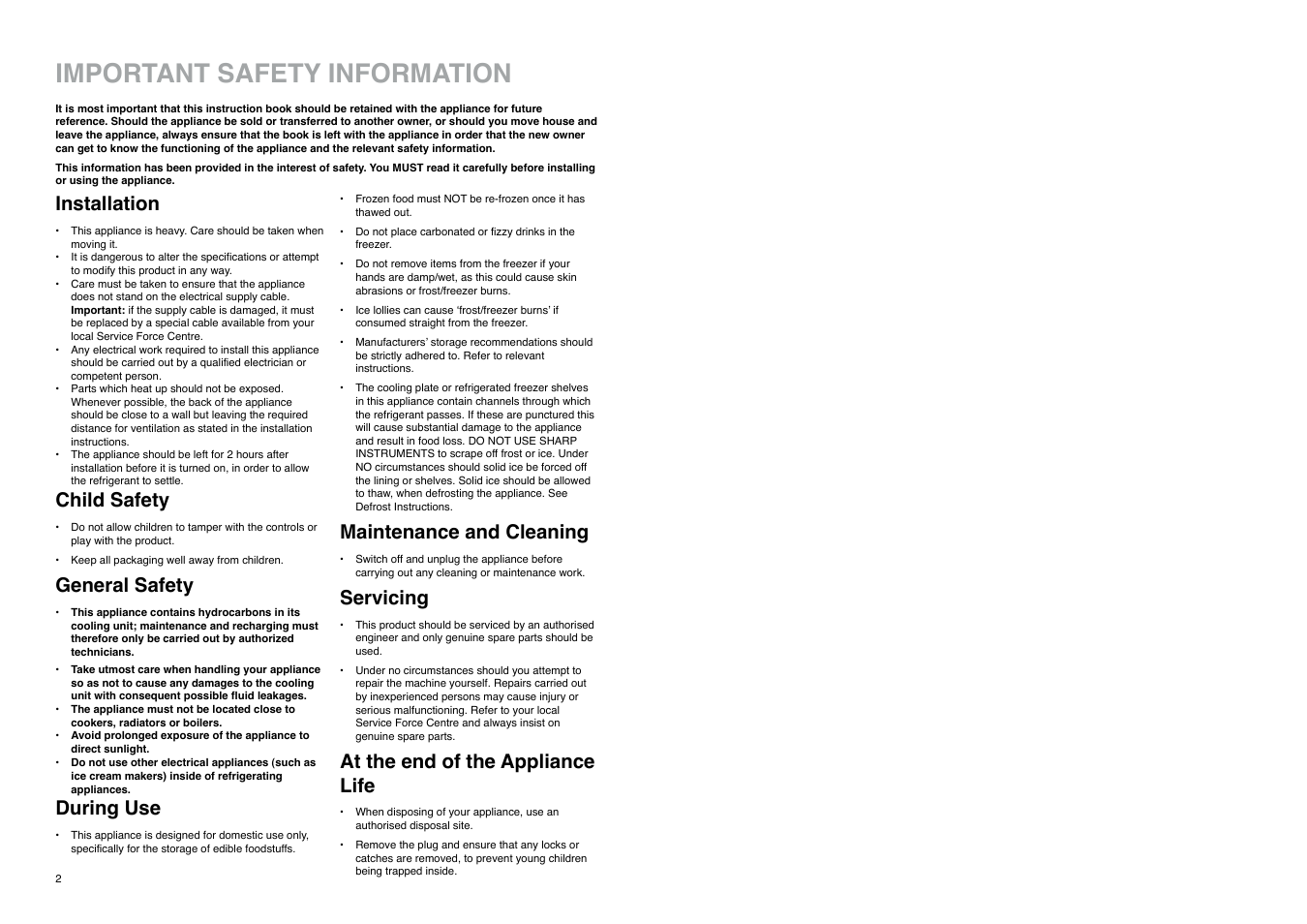 Important safety information, Installation, Child safety | General safety, During use, Maintenance and cleaning, Servicing, At the end of the appliance life | Tricity Bendix TB 114 FF User Manual | Page 2 / 20