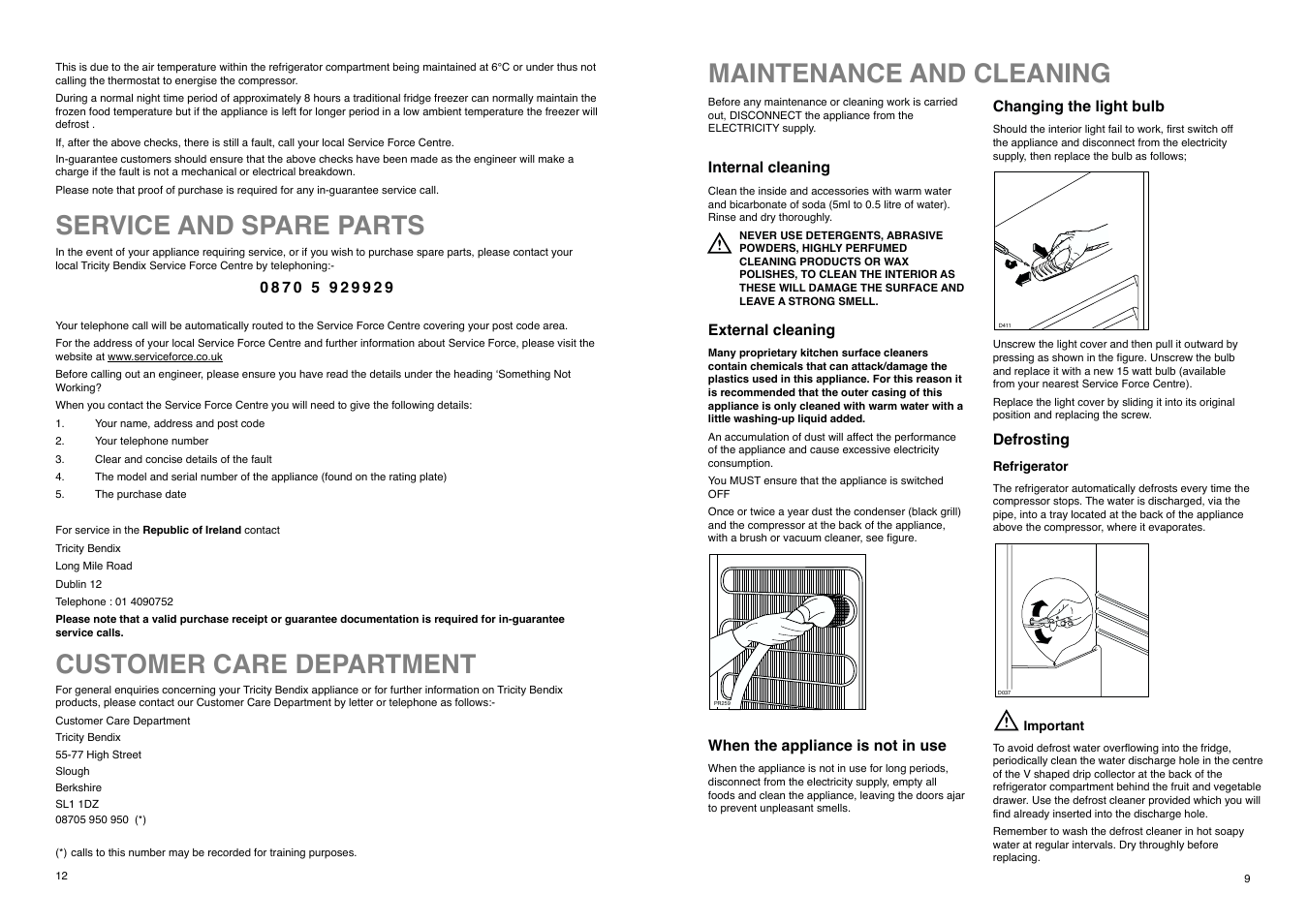 Maintenance and cleaning, Customer care department, Service and spare parts | Tricity Bendix TB 114 FF User Manual | Page 9 / 20