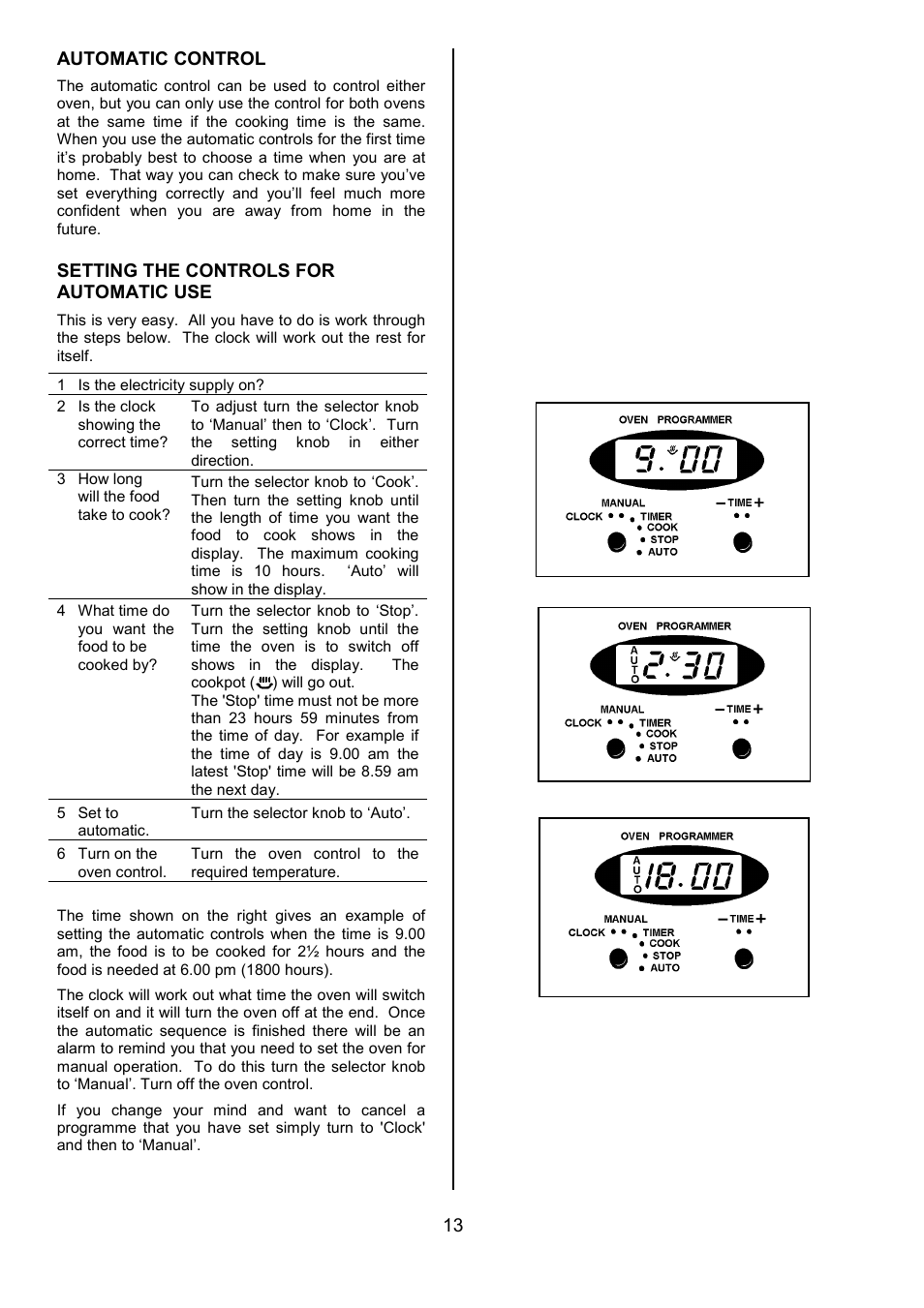 13 automatic control, Setting the controls for automatic use | Tricity Bendix SI505 User Manual | Page 13 / 32