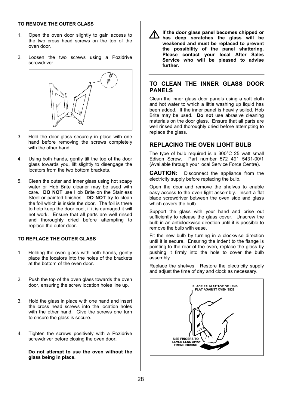 Replacing the oven light bulb, Caution | Tricity Bendix SI505 User Manual | Page 28 / 32