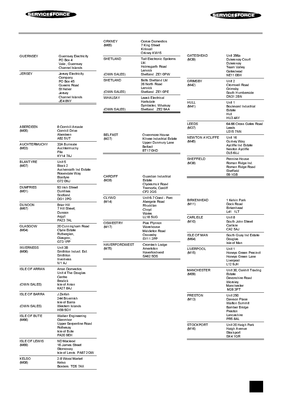 Tricity bendix service force, Channel islands, Scotland | Northern ireland, Wales, North east, North west | Tricity Bendix FDF107W User Manual | Page 15 / 24