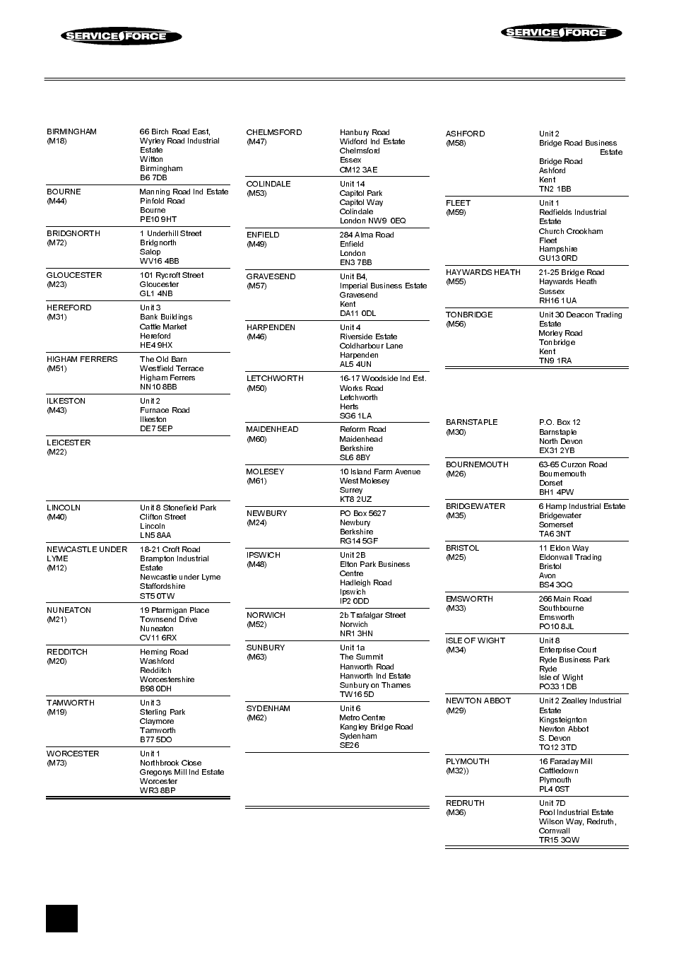 Tricity bendix service force, Midlands, London & east anglia | South east, South west | Tricity Bendix FDF107W User Manual | Page 16 / 24