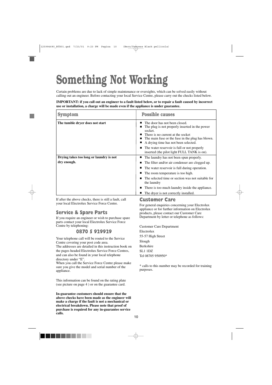 Something not working, Service & spare parts, Customer care | Symptom possible causes | Tricity Bendix BTD 01 User Manual | Page 10 / 18