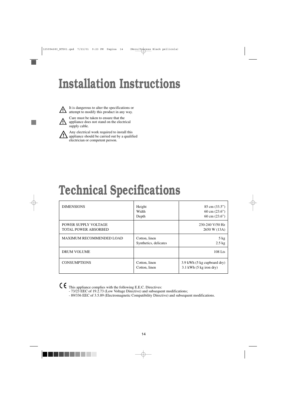 Installation instructions technical specifications | Tricity Bendix BTD 01 User Manual | Page 14 / 18