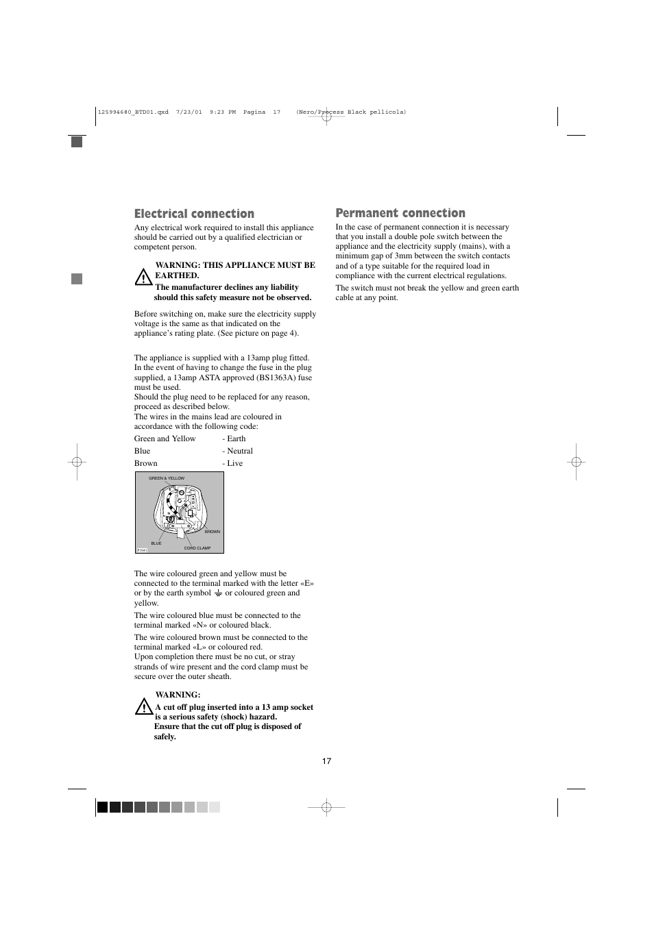Electrical connection, Permanent connection | Tricity Bendix BTD 01 User Manual | Page 17 / 18