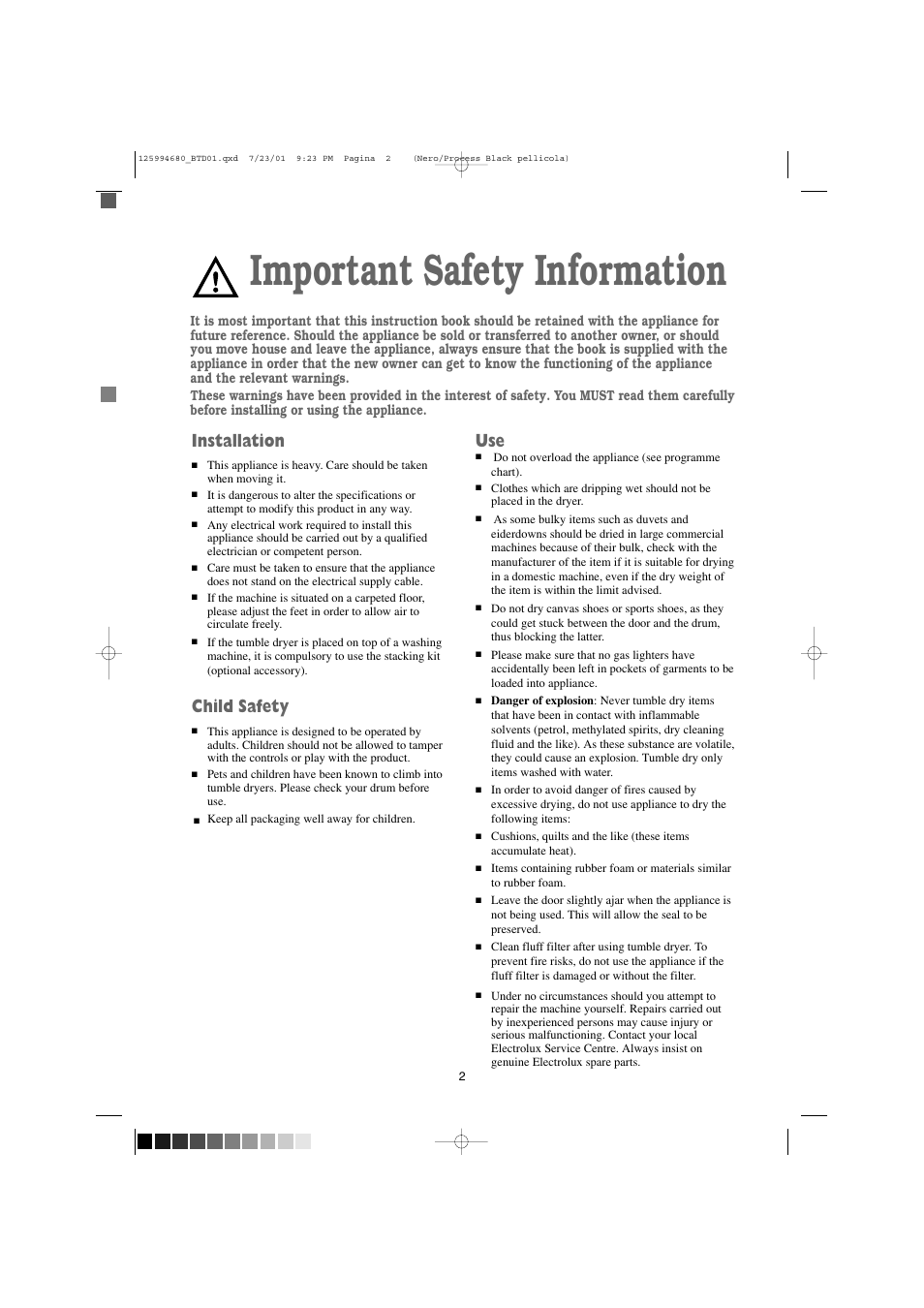 Important safety information, Installation, Child safety | Tricity Bendix BTD 01 User Manual | Page 2 / 18