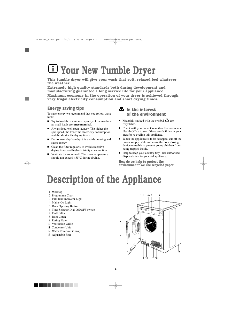 Description of the appliance, Your new tumble dryer, Energy saving tips | Tricity Bendix BTD 01 User Manual | Page 4 / 18