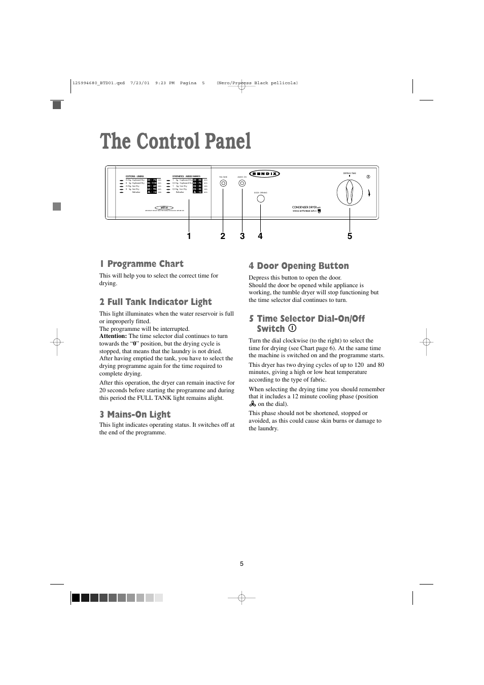 The control panel, 1 programme chart, 2 full tank indicator light | 3 mains-on light, 4 door opening button, 5 time selector dial-on/off switch | Tricity Bendix BTD 01 User Manual | Page 5 / 18