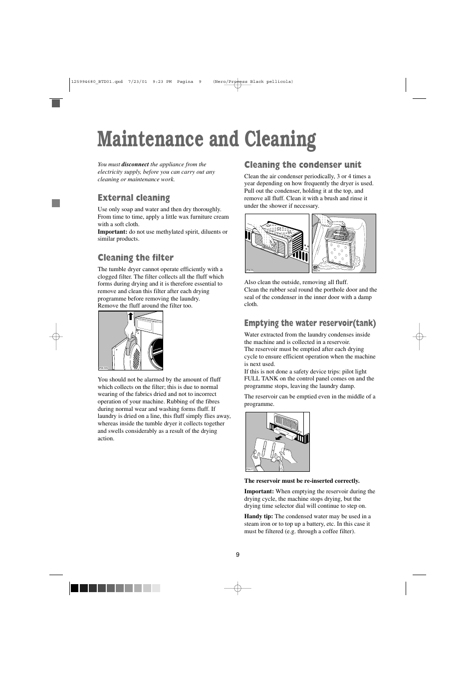 Maintenance and cleaning, External cleaning, Cleaning the filter | Cleaning the condenser unit, Emptying the water reservoir(tank) | Tricity Bendix BTD 01 User Manual | Page 9 / 18