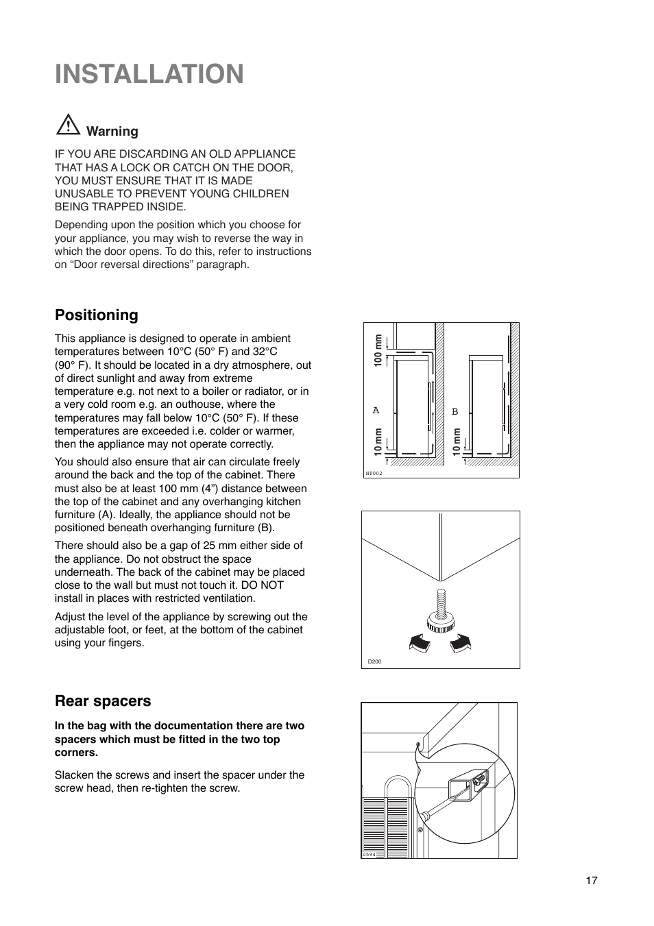 Installation, Positioning, Rear spacers | Tricity Bendix FD 852 User Manual | Page 17 / 20