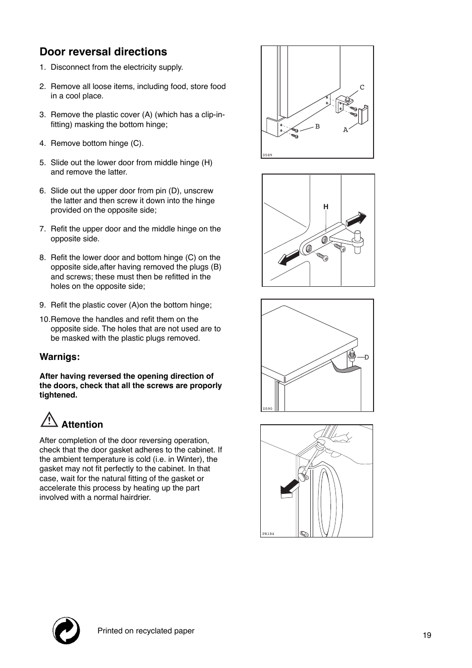 Door reversal directions | Tricity Bendix FD 852 User Manual | Page 19 / 20