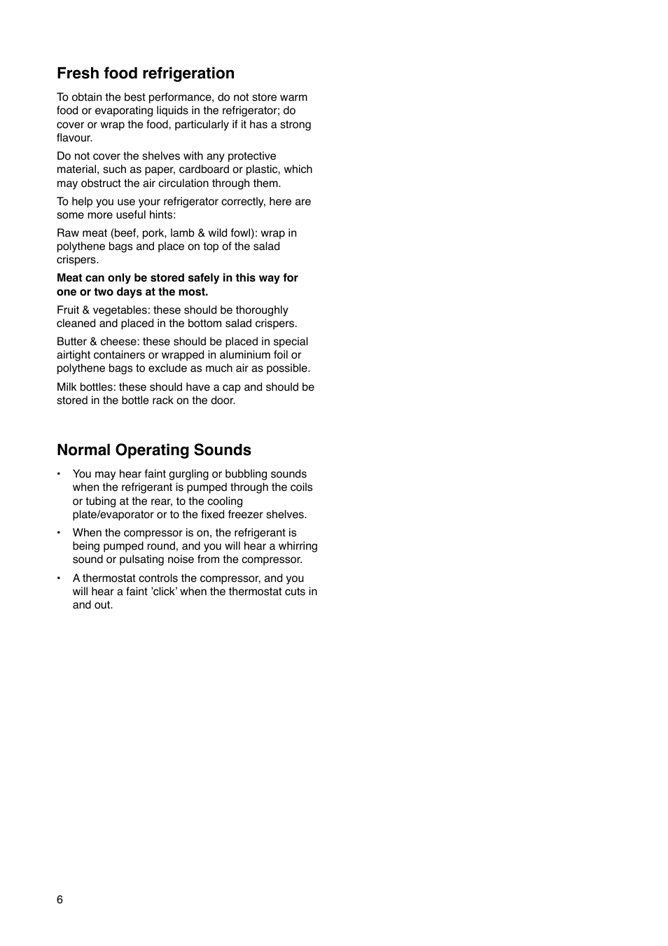 Normal operating sounds, Fresh food refrigeration | Tricity Bendix FD 852 User Manual | Page 6 / 20