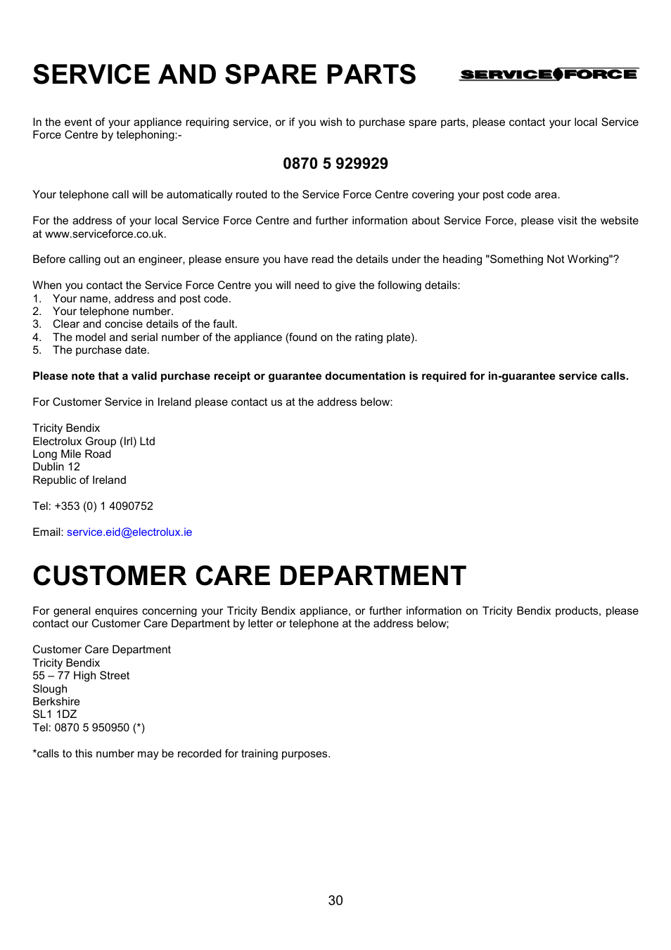 Service and spare parts, Customer care department | Tricity Bendix CSE551 User Manual | Page 30 / 32