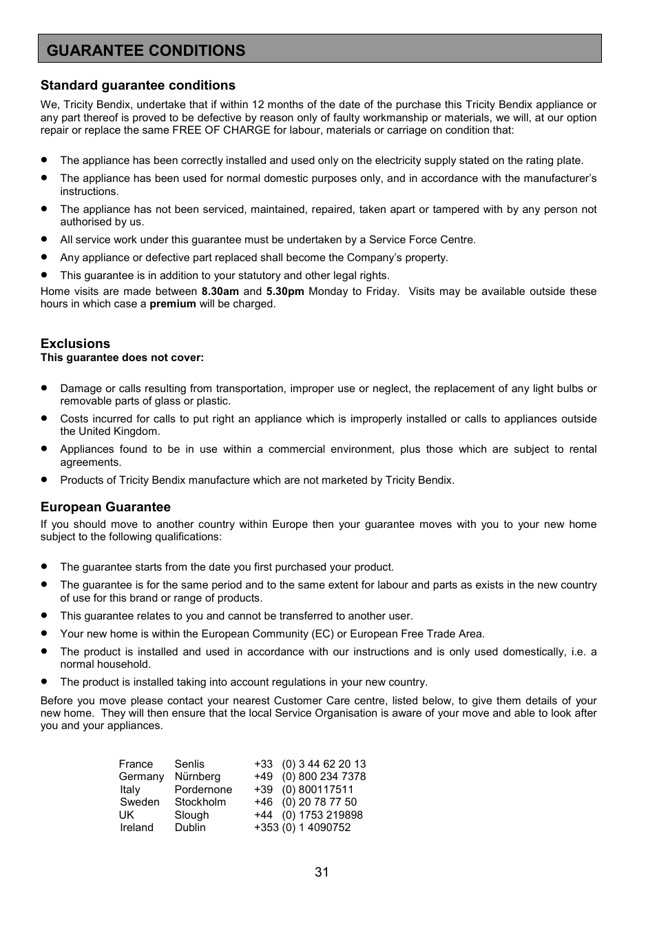 Guarantee conditions | Tricity Bendix CSE551 User Manual | Page 31 / 32